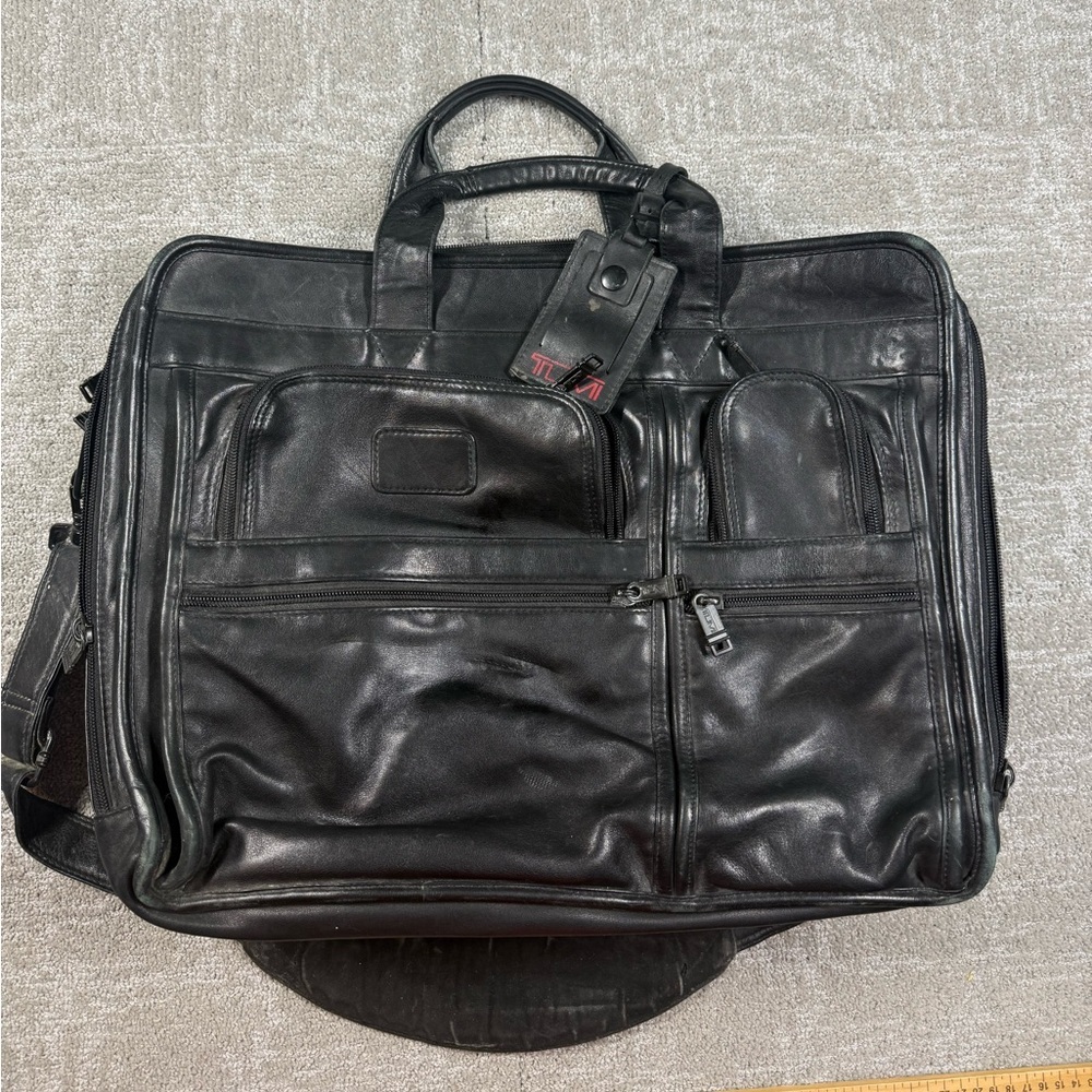 Tumi Alpha Black Leather Expandable Briefcase Laptop Bag